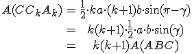 \array{3$A(CC_kA_k)&=&\frac{1}{2}\cdot ka\cdot(k+1)b\cdot\sin(\pi-\gamma)\\&=&k(k+1)\cdot\frac{1}{2}\cdot a\cdot b\cdot\sin(\gamma)\\&=&k(k+1)A(ABC)\\}